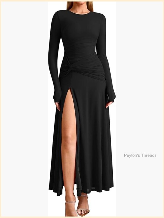 Dresses | Long Sleeve Slit Formal Maxi Dress Crew Neck Ruched Bodycon ...